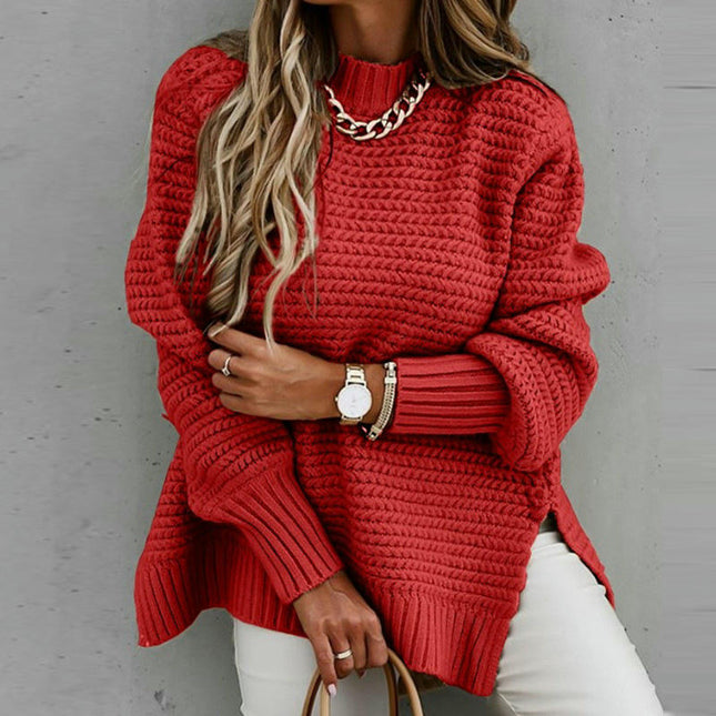 Women's Loose Solid Color Long Sleeve Chunky Knit Side Slit Pullover Sweater