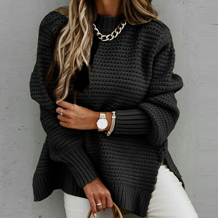 Women's Loose Solid Color Long Sleeve Chunky Knit Side Slit Pullover Sweater