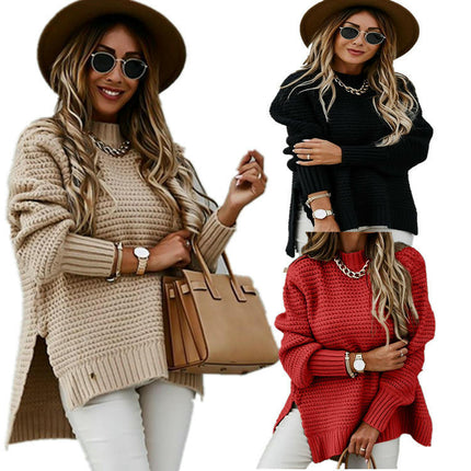 Women's Loose Solid Color Long Sleeve Chunky Knit Side Slit Pullover Sweater