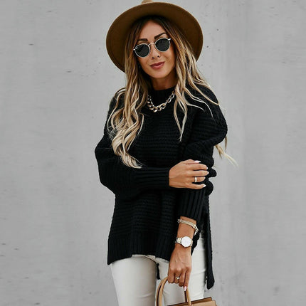 Women's Loose Solid Color Long Sleeve Chunky Knit Side Slit Pullover Sweater
