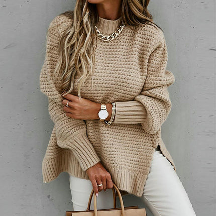Women's Loose Solid Color Long Sleeve Chunky Knit Side Slit Pullover Sweater