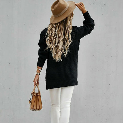 Women's Loose Solid Color Long Sleeve Chunky Knit Side Slit Pullover Sweater