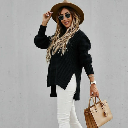 Women's Loose Solid Color Long Sleeve Chunky Knit Side Slit Pullover Sweater