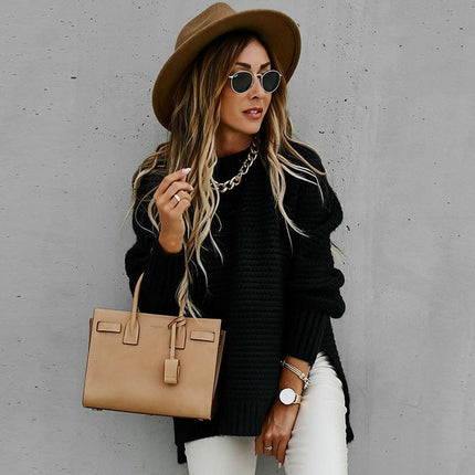 Women's Loose Solid Color Long Sleeve Chunky Knit Side Slit Pullover Sweater