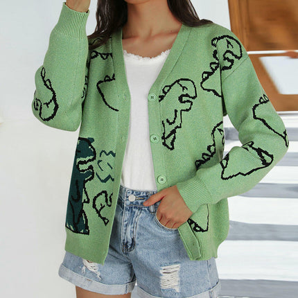 Long Sleeve Knitted Sweater Jacket Loose Cartoon Dinosaur Button Cardigan