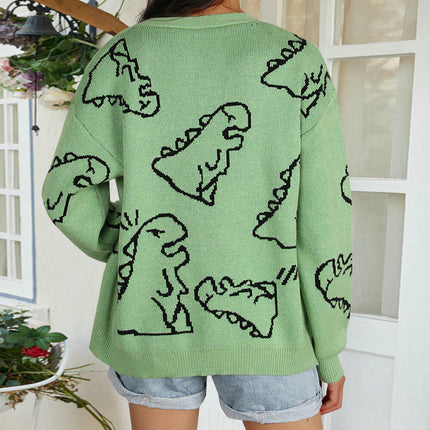 Long Sleeve Knitted Sweater Jacket Loose Cartoon Dinosaur Button Cardigan