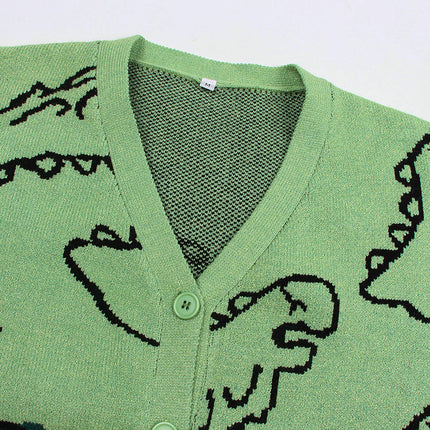 Long Sleeve Knitted Sweater Jacket Loose Cartoon Dinosaur Button Cardigan