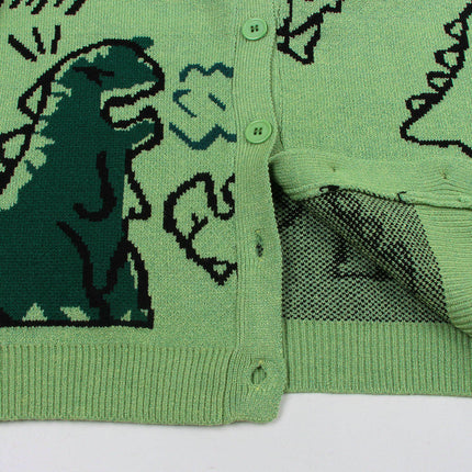 Long Sleeve Knitted Sweater Jacket Loose Cartoon Dinosaur Button Cardigan