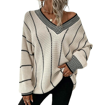 Women's V-neck Pullover Knitted Top Vertical Stripes Long Sleeve Loose Sweater