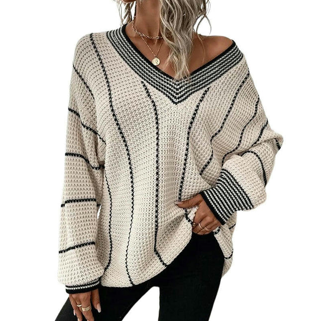 Women's V-neck Pullover Knitted Top Vertical Stripes Long Sleeve Loose Sweater