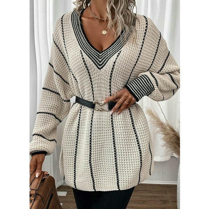 Women's V-neck Pullover Knitted Top Vertical Stripes Long Sleeve Loose Sweater