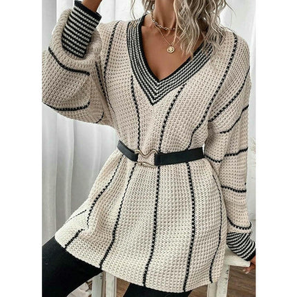 Women's V-neck Pullover Knitted Top Vertical Stripes Long Sleeve Loose Sweater