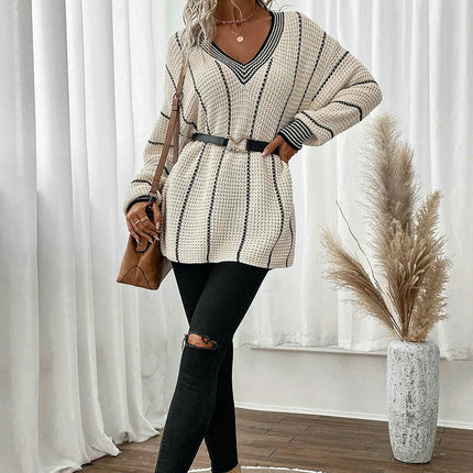Women's V-neck Pullover Knitted Top Vertical Stripes Long Sleeve Loose Sweater