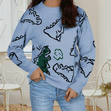 Women's Round Neck Pullover Loose Cartoon Dinosaur Long Sleeve Sweater