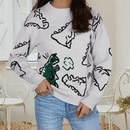 Women's Round Neck Pullover Loose Cartoon Dinosaur Long Sleeve Sweater