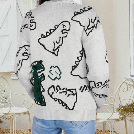 Women's Round Neck Pullover Loose Cartoon Dinosaur Long Sleeve Sweater