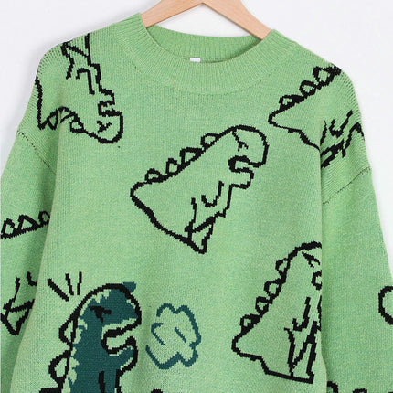 Women's Round Neck Pullover Loose Cartoon Dinosaur Long Sleeve Sweater