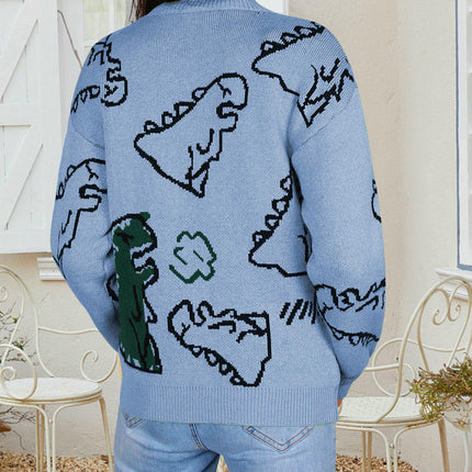 Women's Round Neck Pullover Loose Cartoon Dinosaur Long Sleeve Sweater