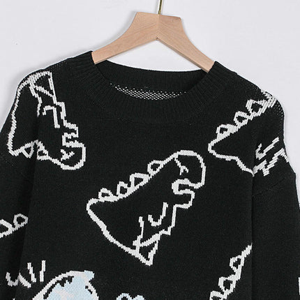 Women's Round Neck Pullover Loose Cartoon Dinosaur Long Sleeve Sweater