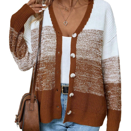 Women's Gradient Color V-Neck Button Cardigan Long Sleeve Loose Knitted Sweater
