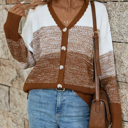Women's Gradient Color V-Neck Button Cardigan Long Sleeve Loose Knitted Sweater