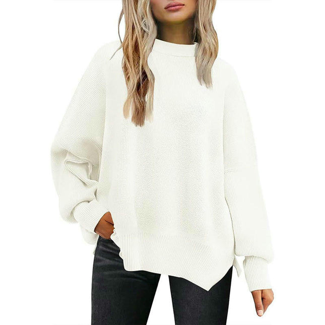 Slit Knitted Sweater Round Neck Loose Solid Color Bat Long Sleeve Sweater Women