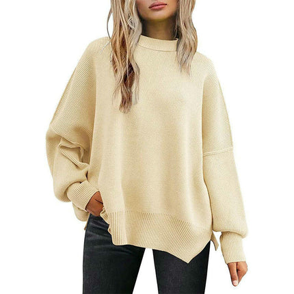 Slit Knitted Sweater Round Neck Loose Solid Color Bat Long Sleeve Sweater Women