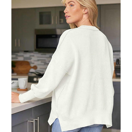 Slit Knitted Sweater Round Neck Loose Solid Color Bat Long Sleeve Sweater Women