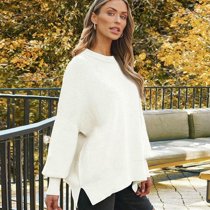 Slit Knitted Sweater Round Neck Loose Solid Color Bat Long Sleeve Sweater Women
