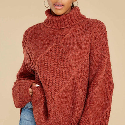 Women's Long Sleeve Sweater Loose Turtleneck Diamond Solid Color Pullover Top