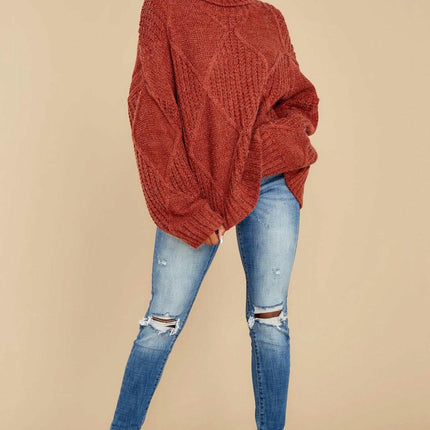 Women's Long Sleeve Sweater Loose Turtleneck Diamond Solid Color Pullover Top