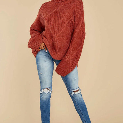 Women's Long Sleeve Sweater Loose Turtleneck Diamond Solid Color Pullover Top