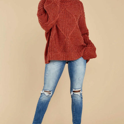 Women's Long Sleeve Sweater Loose Turtleneck Diamond Solid Color Pullover Top