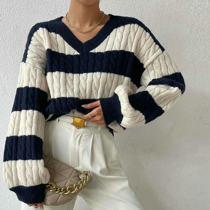 Women's V-neck Sweater Long Sleeves Twisted Stripes Contrast Color Knit Sweater