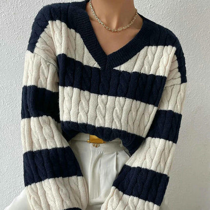 Women's V-neck Sweater Long Sleeves Twisted Stripes Contrast Color Knit Sweater