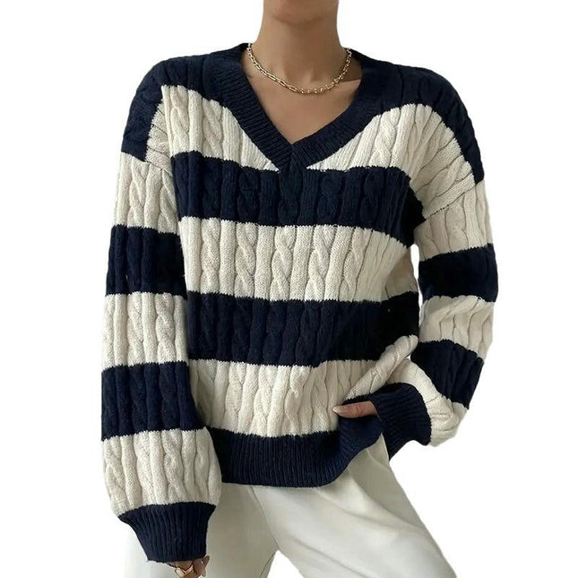 Women's V-neck Sweater Long Sleeves Twisted Stripes Contrast Color Knit Sweater