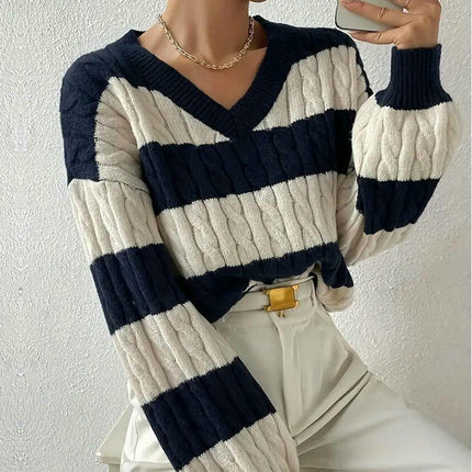 Women's V-neck Sweater Long Sleeves Twisted Stripes Contrast Color Knit Sweater
