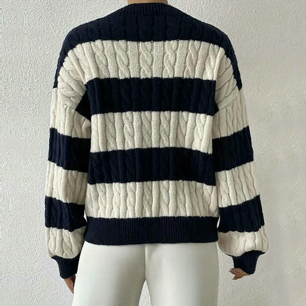 Women's V-neck Sweater Long Sleeves Twisted Stripes Contrast Color Knit Sweater