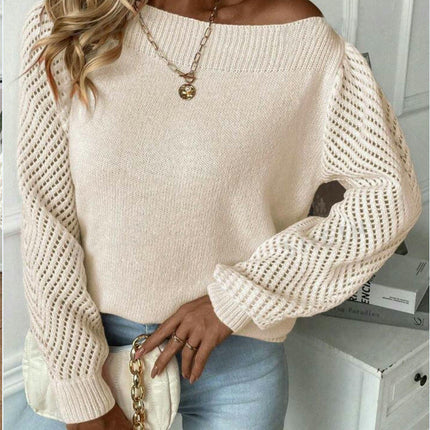 Women's Autumn Solid Color Hollow Long Sleeve One Shoulder Pullover Sweater Top