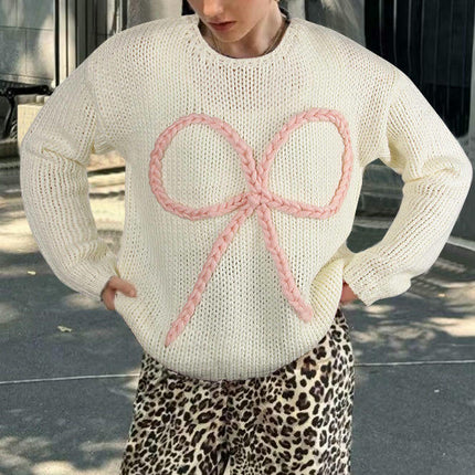 Autumn Sweater Women's Loose Round Neck Hand-embroidered Bow Pullover Top