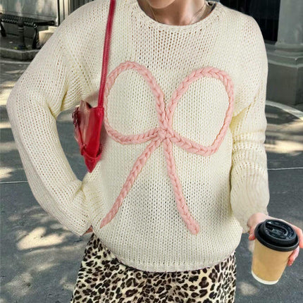 Autumn Sweater Women's Loose Round Neck Hand-embroidered Bow Pullover Top