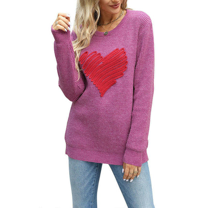 Women's Heart Embroidered Knitted Sweater Round Neck Pullover Long Sleeves