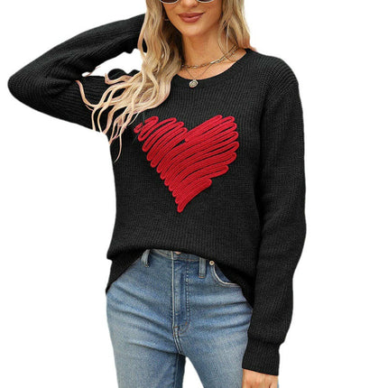 Women's Heart Embroidered Knitted Sweater Round Neck Pullover Long Sleeves