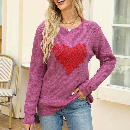 Women's Heart Embroidered Knitted Sweater Round Neck Pullover Long Sleeves