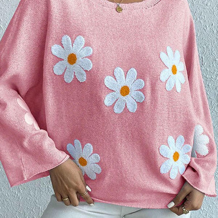 Round Neck Embroidered Flower Women's Loose One Shoulder Pullover Sweater