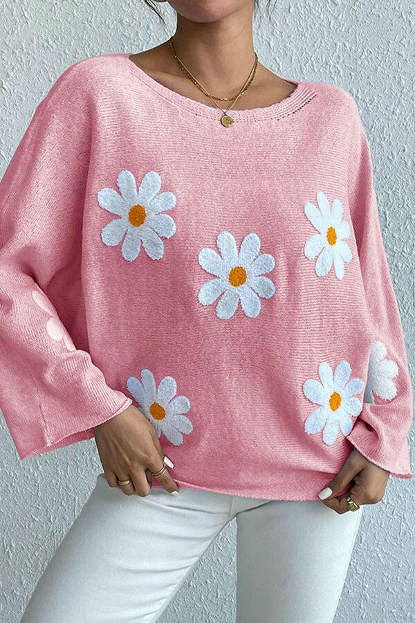 Round Neck Embroidered Flower Women's Loose One Shoulder Pullover Sweater