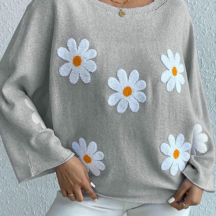 Round Neck Embroidered Flower Women's Loose One Shoulder Pullover Sweater
