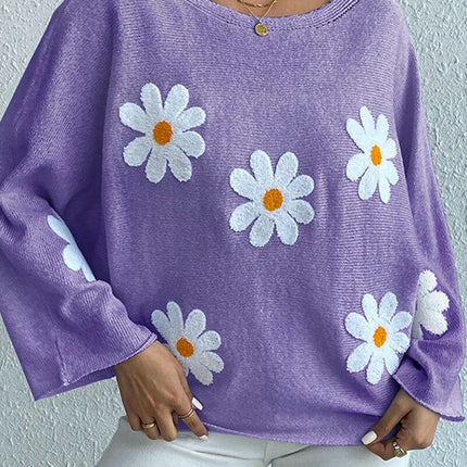 Round Neck Embroidered Flower Women's Loose One Shoulder Pullover Sweater