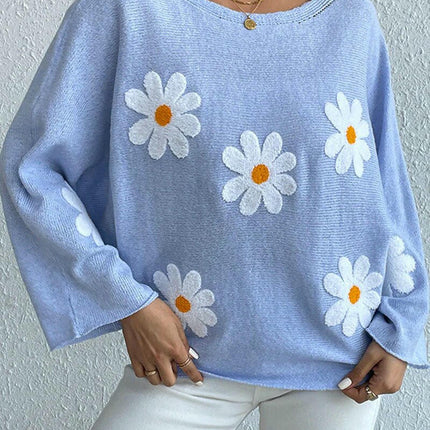 Round Neck Embroidered Flower Women's Loose One Shoulder Pullover Sweater