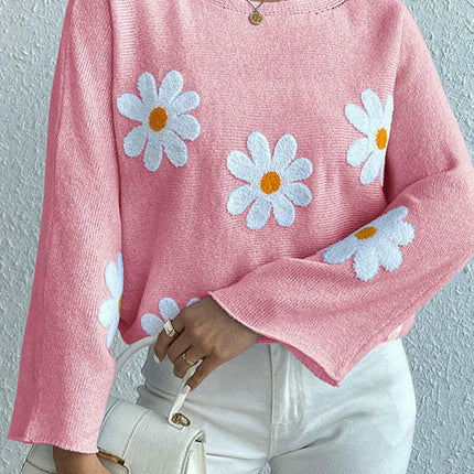 Round Neck Embroidered Flower Women's Loose One Shoulder Pullover Sweater